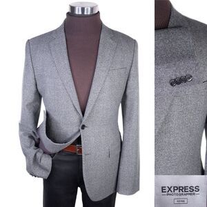 Express Photographer Blazer Sport Coat Mens 40R Fitted Plaid 2 Button Wool Blend